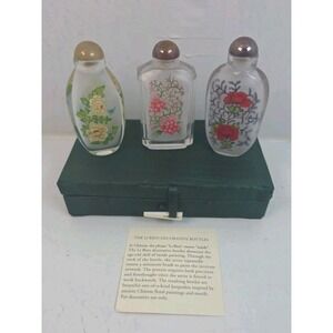 Li Bien Inside Painted Snuff Bottles Set of 3 Chinese Floral Glass with Box